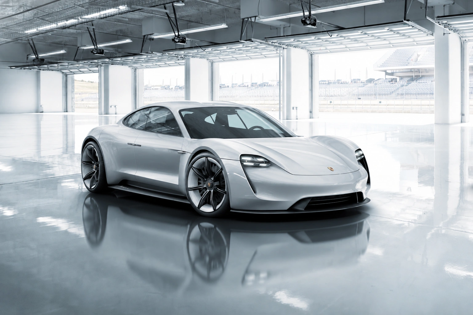 Porsche Mission E in einer hellen Boxengasse