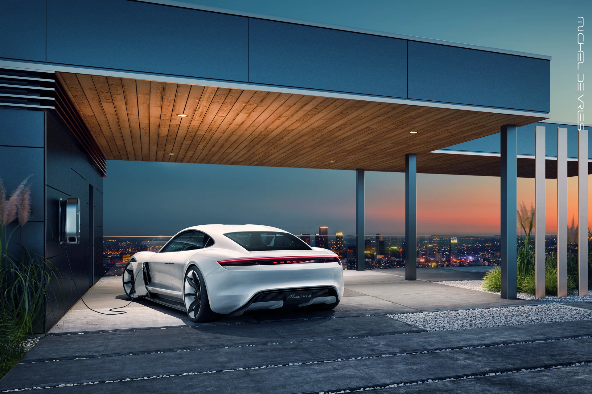 Porsche Mission E beim Laden vor einem modernen Haus in der Dämmerung